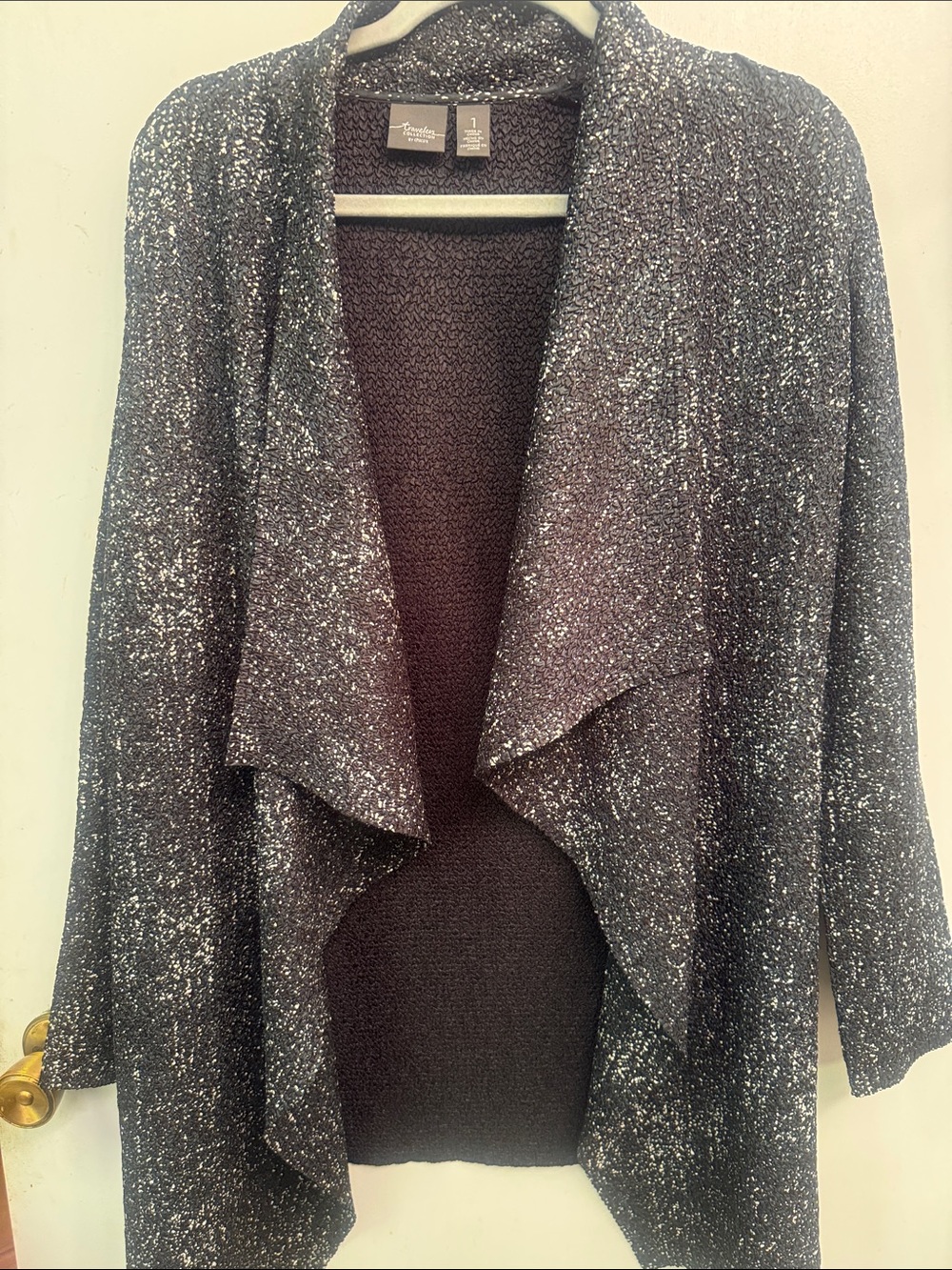 Chico's Deep Green, Black with White Speckle Draped Open-Front Cardigan